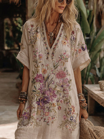 Vestido midi cómodo con cuello en V y bordado floral para mujer 