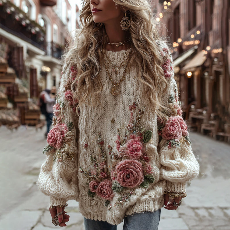 Women's Vintage Rose Floral Chunky Knit Warm Crew Neck Sweater
