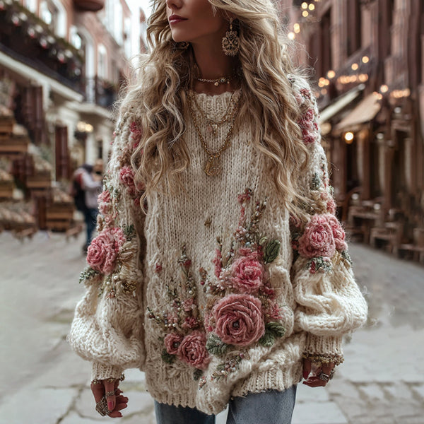 Women's Vintage Rose Floral Chunky Knit Warm Crew Neck Sweater