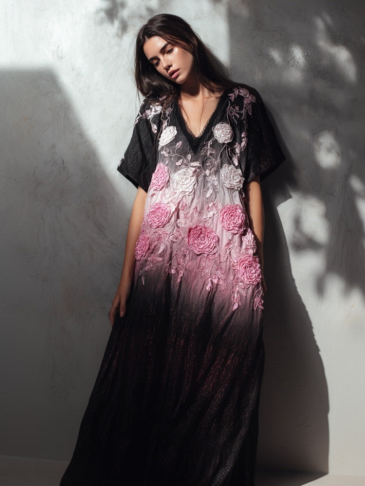 Vintage Pink Roses Embroidered V Neck Linen Maxi Dress