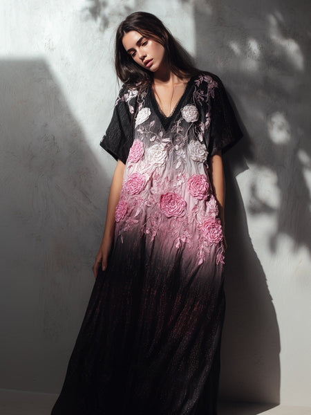 Vintage Pink Roses Embroidered V Neck Linen Maxi Dress