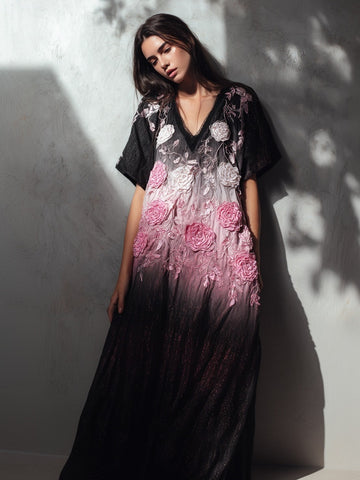 Vestido largo de lino con escote en V y bordado de rosas rosas vintage 