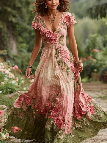 Vestido de mujer con estampado floral retro degradado, manga corta y cuello en V 