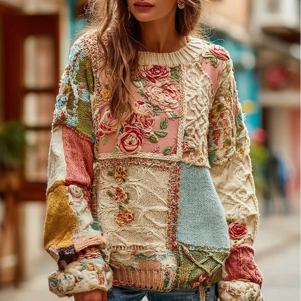 Pull à col rond chaud vintage pour femme, en grosse maille, à broderies florales roses. 