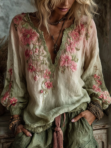 Camisa de manga larga de lino con estampado vintage de flores de cerezo y líneas degradadas 