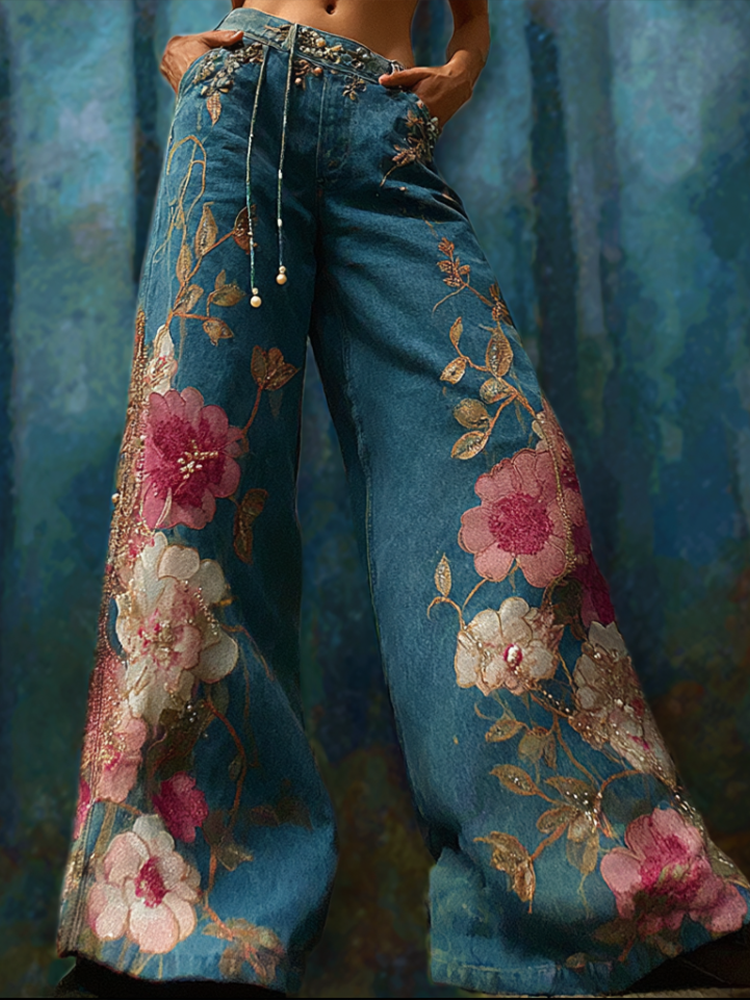Pantalon long en jean pour femme, style bohème, broderie florale végétale, coupe ample, jambes larges et droites 