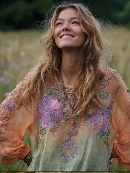 Vestido informal de manga larga con cuello redondo y bordado floral tipo mandala para mujer, estilo tie-dye. 