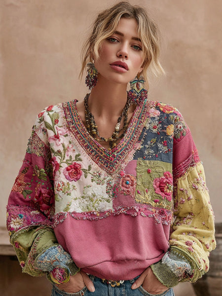 Sudadera informal de cuello en V con bordado floral bohemio para mujer 
