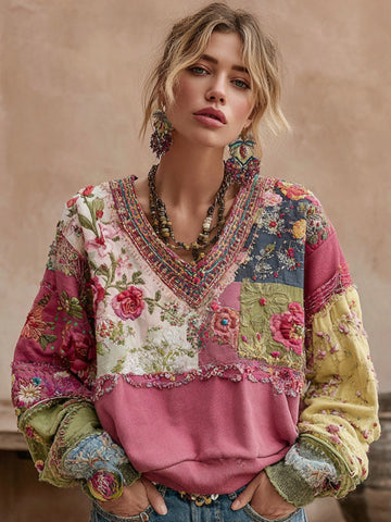 Sudadera informal de cuello en V con bordado floral bohemio para mujer 