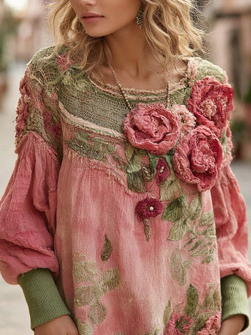 Sweat-shirt bohème à fleurs et colorblock pour femme, col rond, confortable et décontracté 