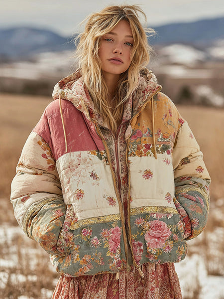 Women's Boho Floral Patchwork Quilted Warm Hooded Cotton Padded Clothes