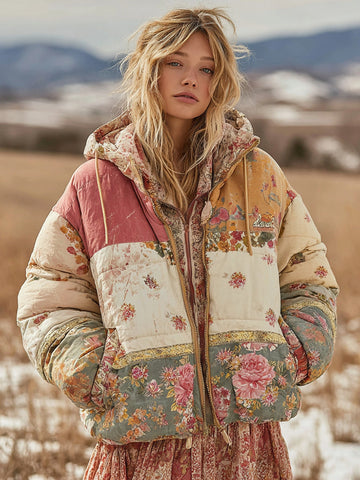 Women's Boho Floral Patchwork Quilted Warm Hooded Cotton Padded Clothes