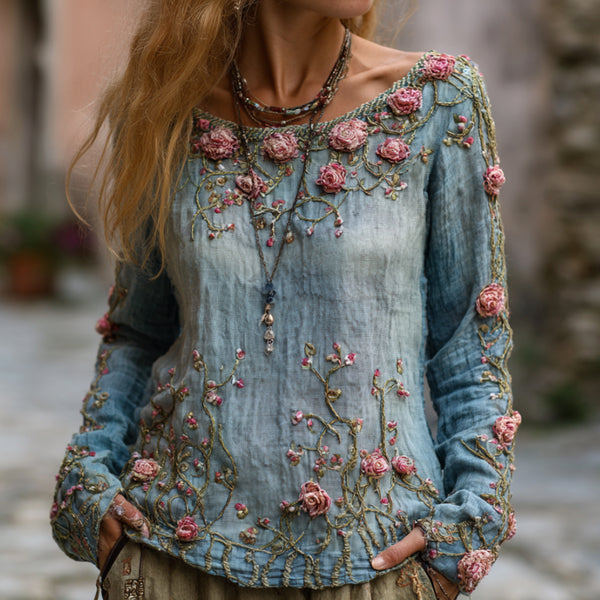 Top rosa floral de mezclilla texturizada de manga larga y cuello redondo para mujer 