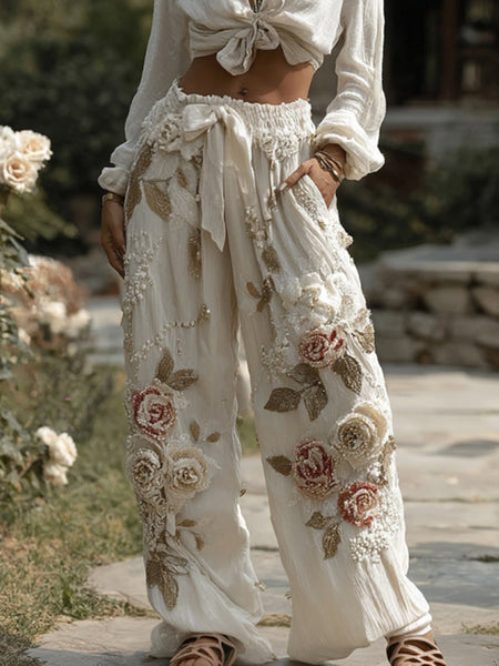 Pantalones de lino casuales para mujer con bordado floral retro 