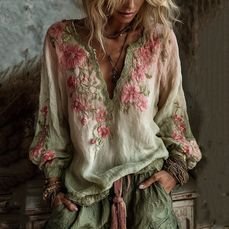 Vintage Cherry Blossom Art Gradient Line Linen Long Sleeve Shirt