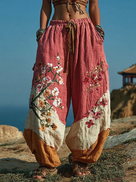 Pantalones casuales retro bohemios con estampado floral bordado para mujer 
