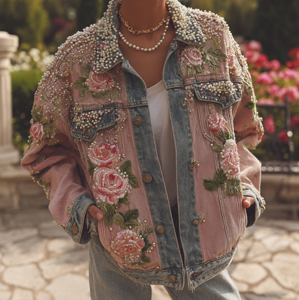 Bohemian Style Rose Embroidery Women's Retro Casual Denim Jacket