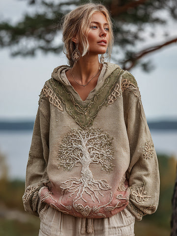Sweat à capuche chaud et confortable à col en V avec motif arbre de vie viking et nœud celtique dégradé 