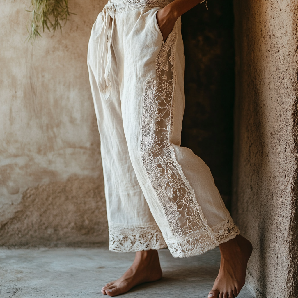 Pantalon large décontracté en dentelle à broderie florale pour femme 