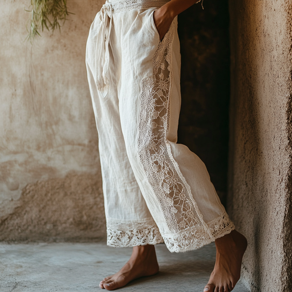 Pantalon large décontracté en dentelle à broderie florale pour femme 