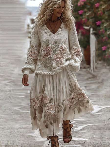 Classic Rose Art Cozy Knit V Neck Sweater And Linen Skirt Two-piece Set