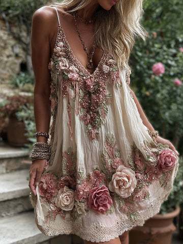 Vestido mini vintage rosa con bordado de rosas y escote en V para mujer 