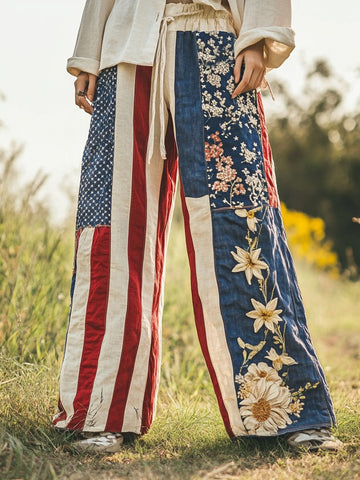 Pantalones de lino de pierna ancha con diseño patchwork y bordado floral vintage para mujer, ideales para el Día de la Independencia. 