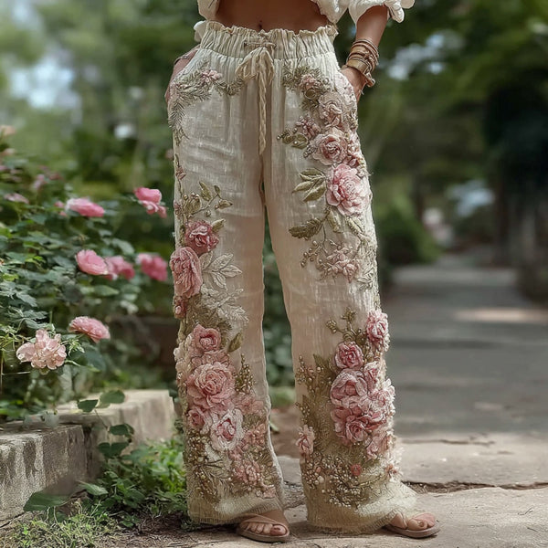 Pantalones de lino casuales para mujer con bordado floral retro 