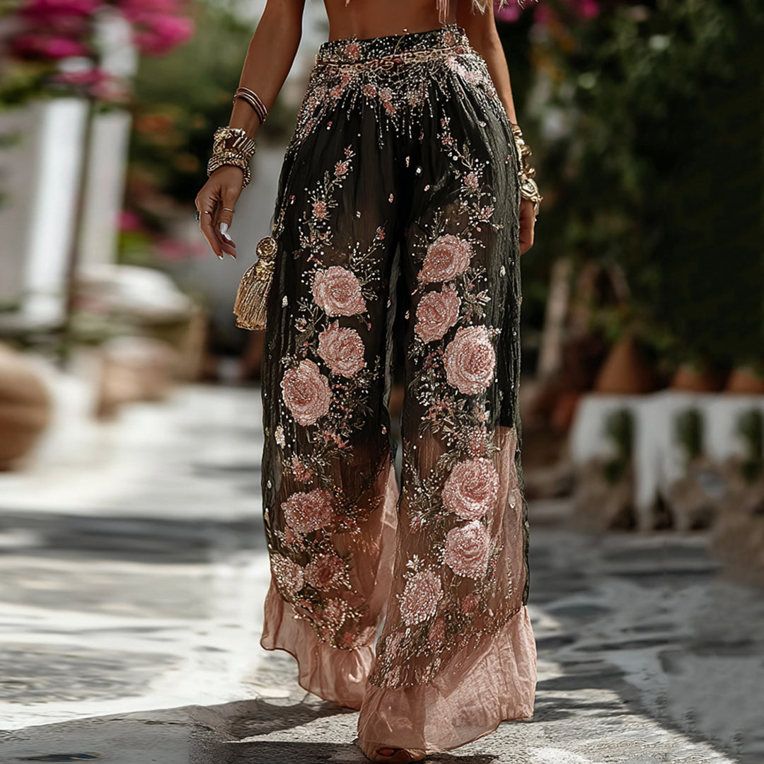 Pantalones de lino cómodos con bordado de rosas rosas vintage románticas para mujer 