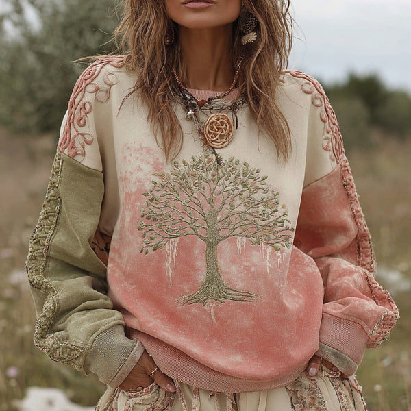 Sudadera de cuello redondo cómoda con estampado artístico vintage de nudo celta vikingo y árbol de la vida para mujer 
