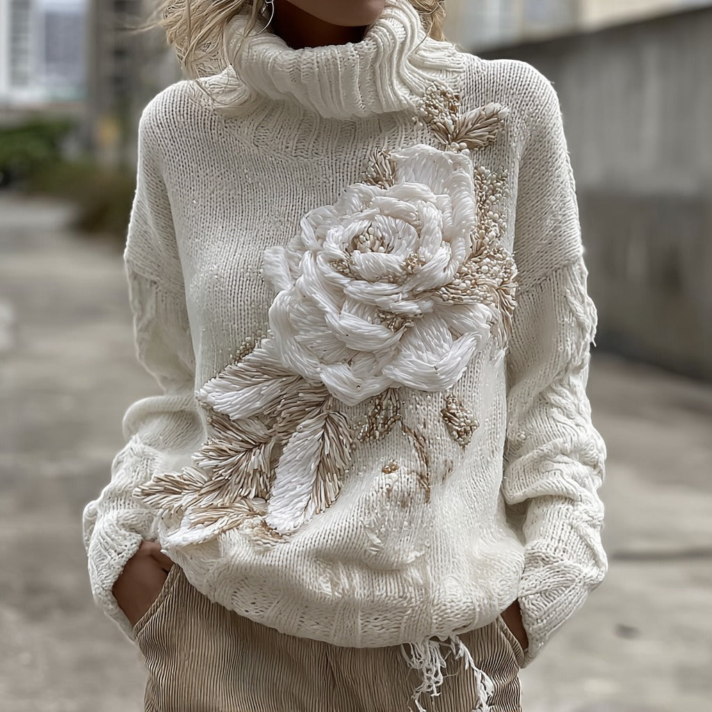 Women's Vintage White Rose Pattern Chunky Knit Warm Turtleneck Sweater