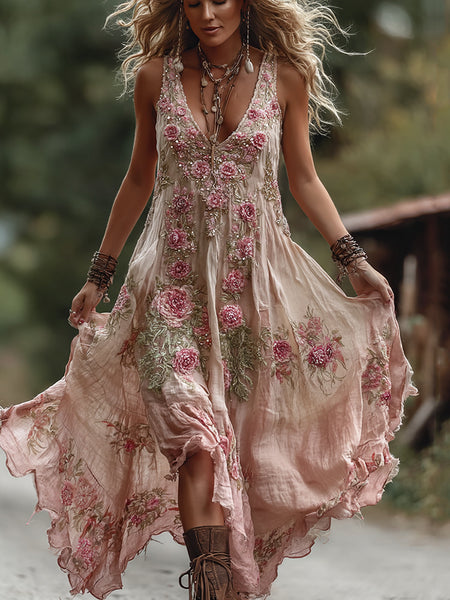 Women's Vintage Rose Embroidery Art Comfy Linen Maxi Dress