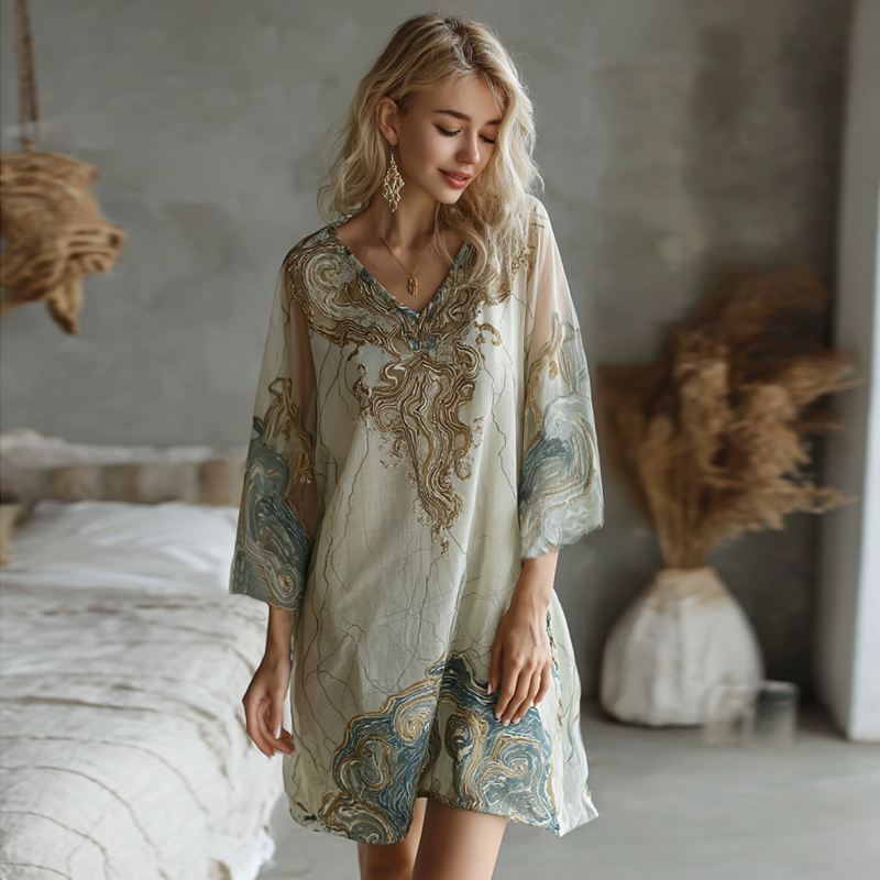 Robe en lin à motif dégradé doré, style bohème rétro, collection effet marbre vintage 