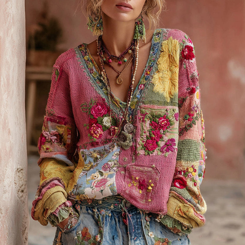 Women's Vintage Floral Embroidery Patchwork Art V-neck Pullover Cozy Knit Sweater
