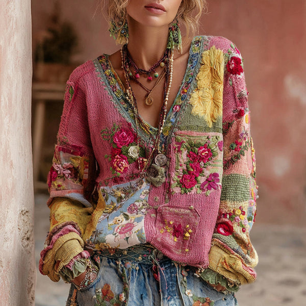 Women's Vintage Floral Embroidery Patchwork Art V-neck Pullover Cozy Knit Sweater