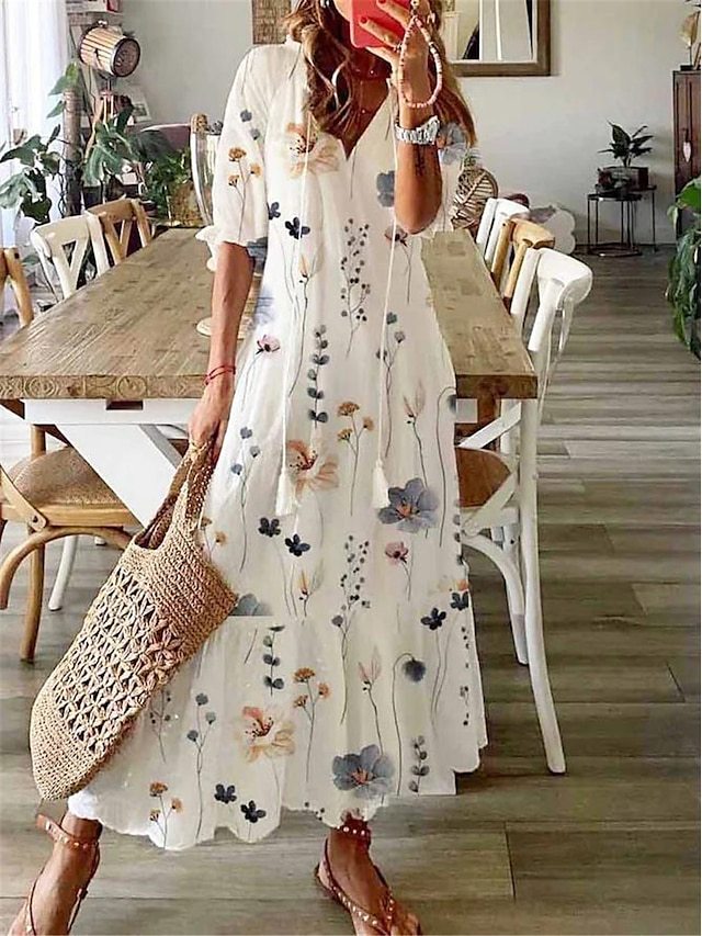 Vestido túnica boho de largo midi con estampado floral y escote en V holgado 
