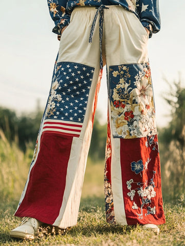 Pantalones de lino de pierna ancha con diseño patchwork y bordado floral vintage para mujer, ideales para el Día de la Independencia. 