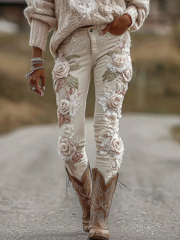 Jeans vintage para mujer con bordado floral de rosas 