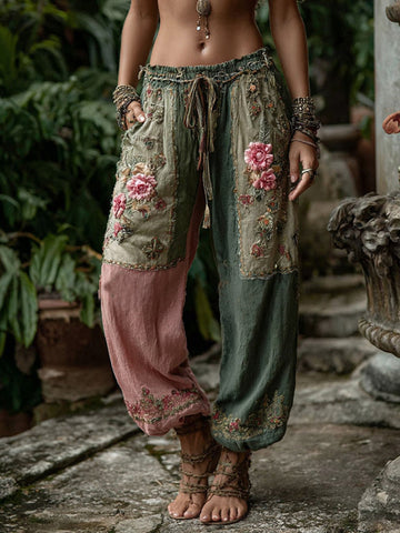 Pantalones de lino con diseño patchwork floral y de rosas de estilo retro vintage 