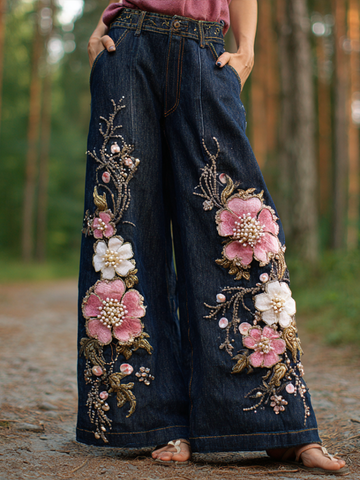 Pantalones vaqueros largos de mujer estilo bohemio con bordado de flores y plantas, corte holgado, pierna ancha y rectos. 