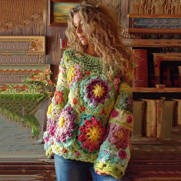 Suéter bohemio de punto grueso con flores de ganchillo para mujer 
