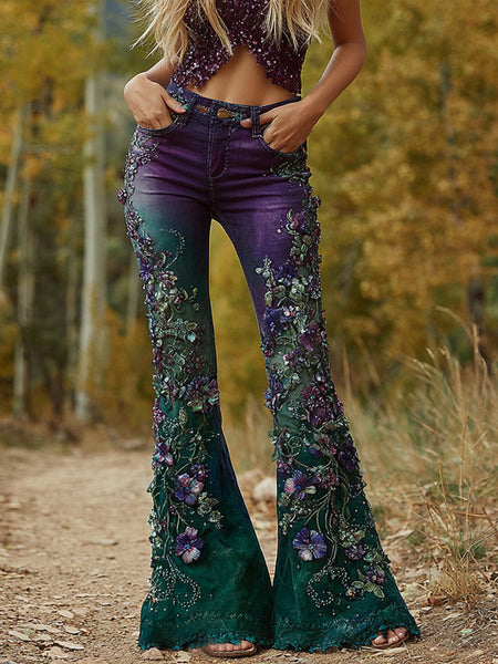 Pantalones vaqueros rectos acampanados con estampado degradado floral bordado para mujer 