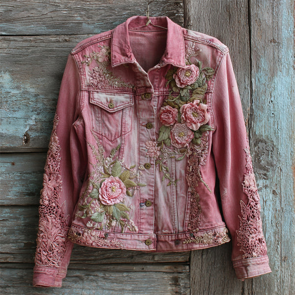 Chaqueta vaquera lavada con parche de encaje bordado de flores rosas vintage 