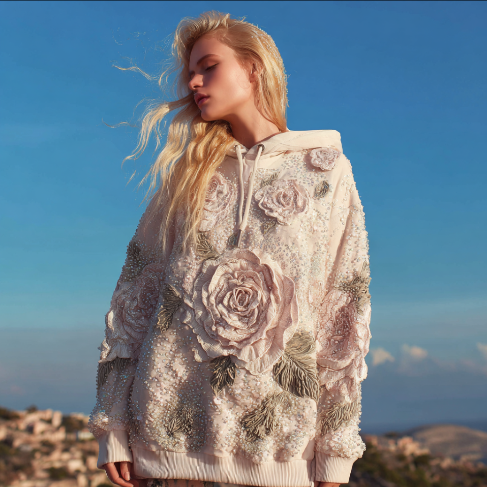 Bohemian Style 3d Pink Rose With Sequins Women's Hooded Long-sleeve Sweatshirt