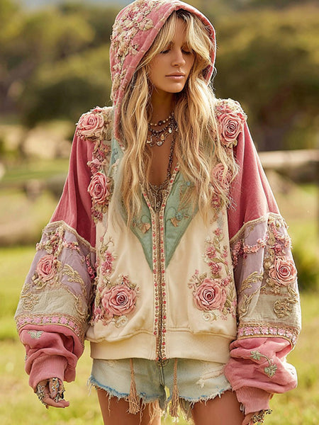 Sudadera con capucha y cremallera estilo boho informal con bloques de color y bordado floral para mujer 