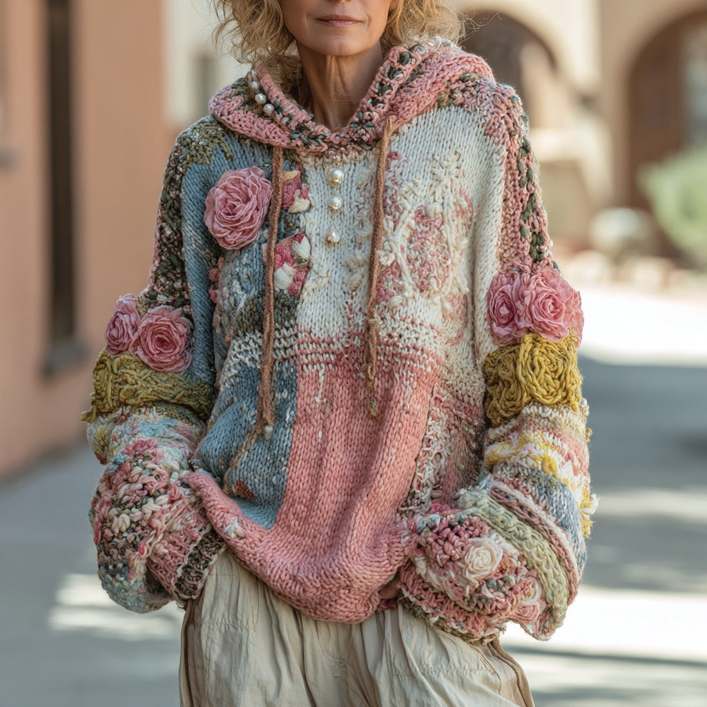 Women's Vintage Chunky Knit Rose Crochet Warm Hooded Sweater