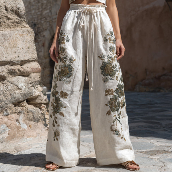 Women's Vintage Embroidery Art Comfy Linen Pants