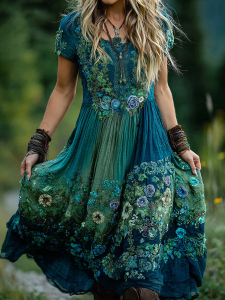 Vestido largo de lino con bordado floral y rosas azules degradadas de alta calidad 