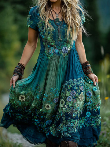 Vestido largo de lino con bordado floral y rosas azules degradadas de alta calidad 