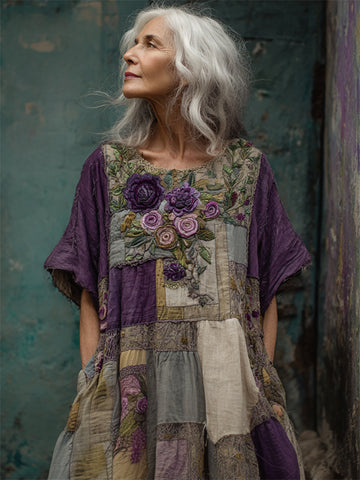 Vestido de lino patchwork bordado con rosas moradas estilo cottagecore vintage 